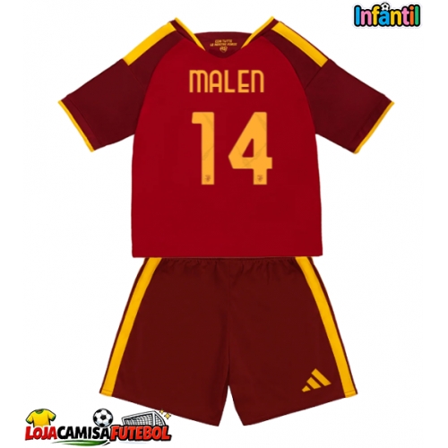 Camisa de Futebol AS Roma Donyell Malen #14 Equipamento Principal Infantil 2026-27 Manga Curta (+ Calças curtas)